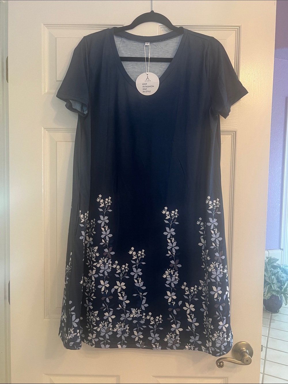 Navy Floral Midi Dress with Short Sleeves with pockets